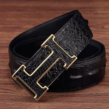 皮带男头层百搭男士平滑扣腰带牛皮个性品裤带lv酷奇爱心礼物金黑色