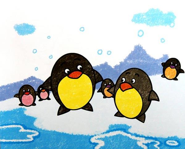 好奇的企鹅_幼儿蜡笔画作品