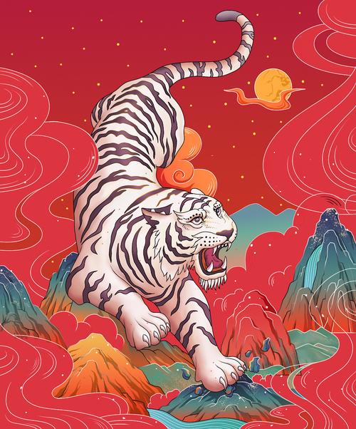 虎年插画 国潮白虎插画 猛虎下山