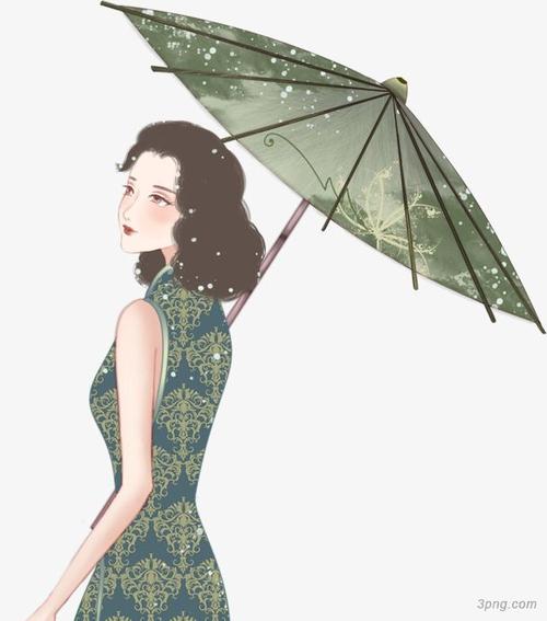 手执油纸伞的旗袍美人png素材透明免抠图片-卡通手绘