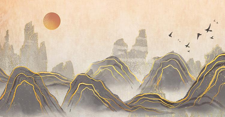 烫金水墨画国风国潮国画山水画风景