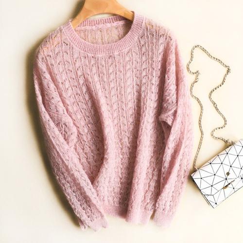 彩丝线织入马海毛毛衣薄款微透落肩针织衫 雅致樱花粉