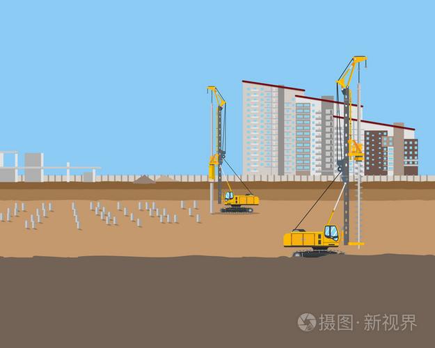 打桩机安装桩在施工现场进行一个新的家.矢量图