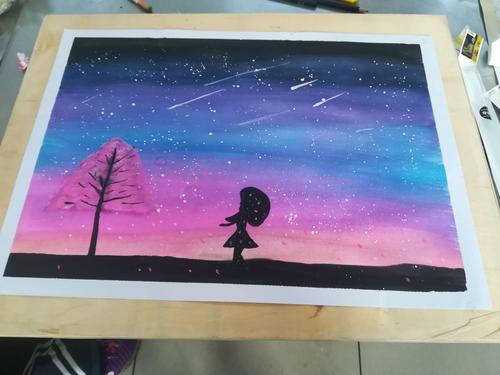 水粉画《星空》