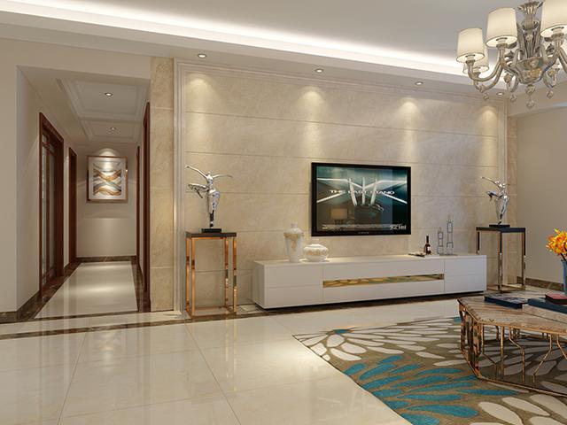 客厅的设计,电视背景墙采用墙上砖,吊顶灯照射下很是明亮.