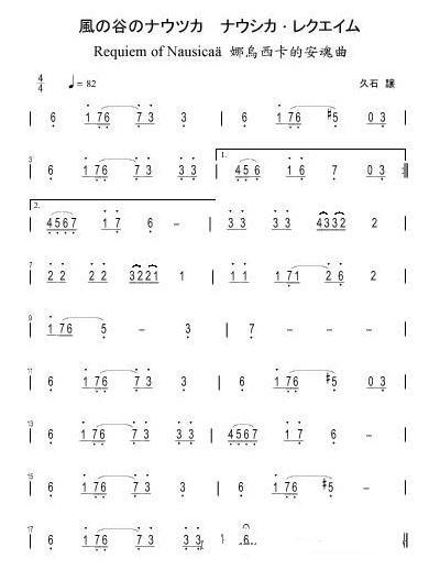 展开全部   《娜乌西卡安魂曲》是《风之谷》插曲之一,其简谱如下