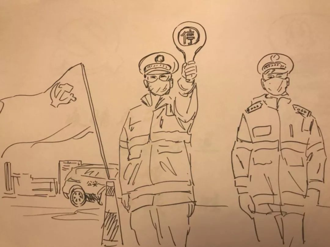 抗"疫"作品欣赏:速写《疫情在前,警察不退》(一)
