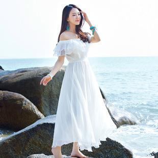 夏季新款海边度假沙滩裙抹胸连衣裙一字领露肩波西米亚长裙小礼服
