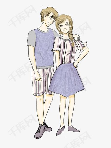 身穿情侣装深情对视的男孩女孩