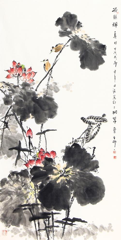 【已售】王占海四尺竖幅花鸟作品《荷韵禅真》_荷花图