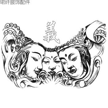 花胸三面佛防水纹身贴男女胸甲前胸忠义仿真霸气刺青p12张