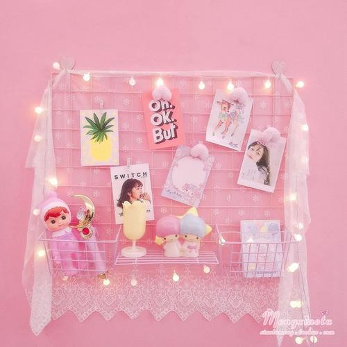 少女心粉色网格照片墙相框墙铁艺置物架子ins宿舍装饰壁挂相片墙