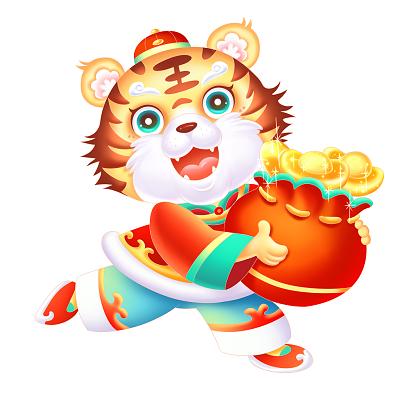 虎年新年元素卡通老虎拿福袋金元宝可爱动物png素材