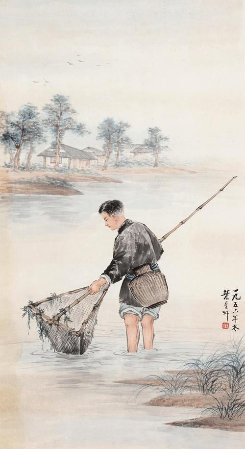 5285捕鱼图镜心设色纸本