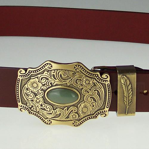 复古做旧唐草纹镶玉黄铜板扣配鹰翎铜环男士头层牛皮腰带真皮带