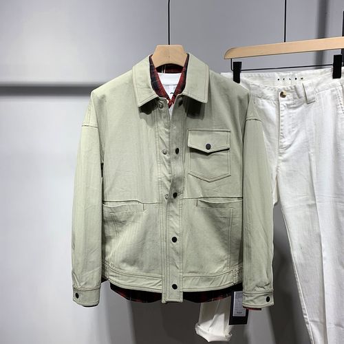 休闲新品a纯t色辑明线冬季宽松夹克外套男士落肩拼接短款夹克上