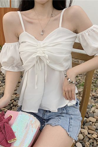 小清新夏季新款韩版宽松显瘦上衣时尚甜美性感吊带露肩雪纺衬衫潮