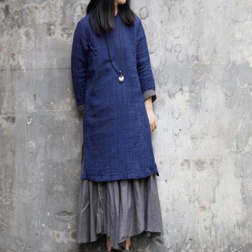 左岸迷香 春款 褶皱亚麻双层改良旗袍 显瘦连衣裙 女装 3979