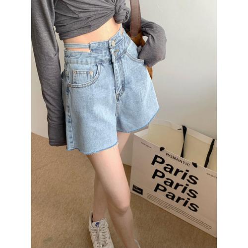 2022夏季新款韩版辣妹高腰显瘦牛仔短裤女腰部镂空设计感a字热裤蓝色s