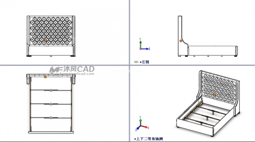 结构详细的双人床设计模型三视图