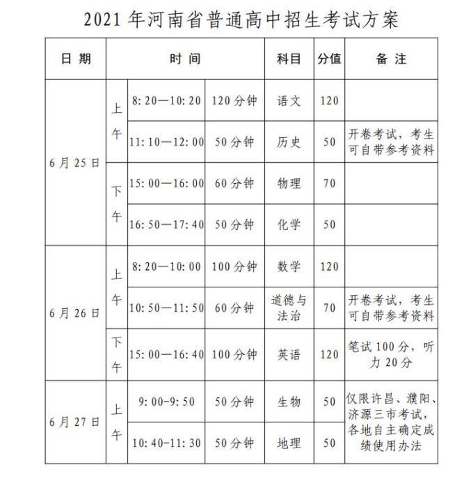 速看2021河南中招考试时间录取安排公布