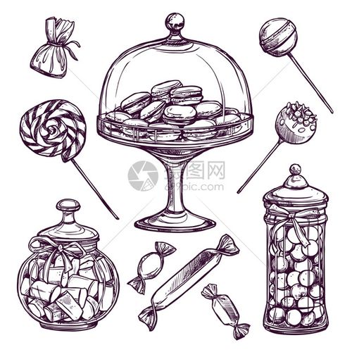 糖果糖果素描与棒棒糖通心粉分离矢量插图糖果素描套装