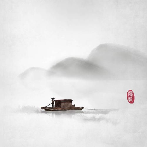 古风插画梨花山水云古塔静寂意境古朴插画标签小船静谧山水中国风古风