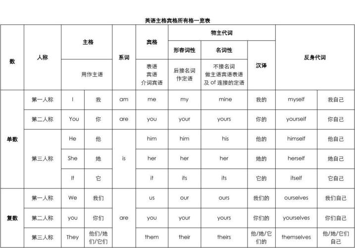 最新英语主格宾格所有格一览表
