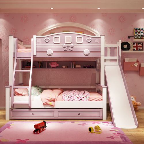 儿童床女孩公主上下床实木粉色高低床全实木带滑滑梯两层上下铺 - 品