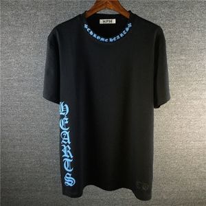 2018年夏季领口蓝色哥特字母梵文符文韩文十字架t恤短袖男士潮牌