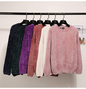 雪尼尔丝绒毛衣女宽松圆领珊瑚绒针织衫灯芯绒bf风复古法兰绒上衣