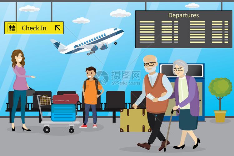 不同卡通人物在机场矢量插图