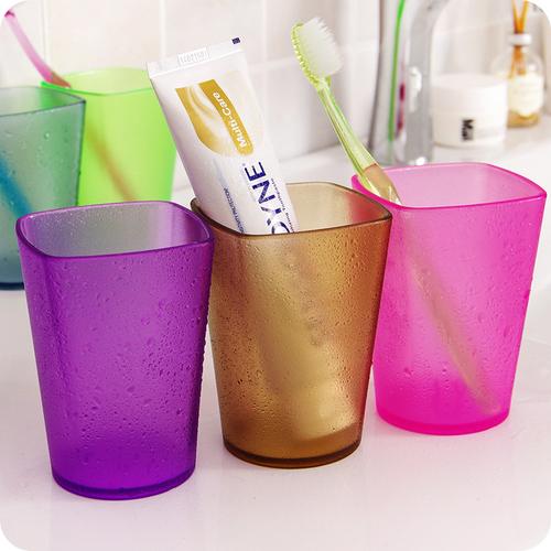 [阿猫家居] 磨砂透明彩方形漱口杯刷牙杯卫浴牙缸创意塑料加厚洗漱杯