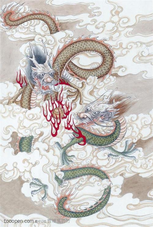 两条龙在云雾中腾飞中华传统图片素材