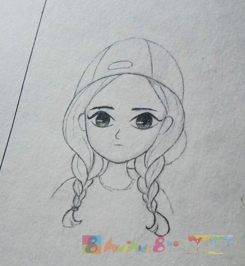 漂亮的人物简笔画图片,戴帽子的长发女孩简笔