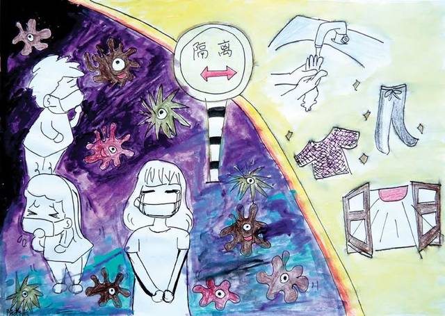 绘画征集活动中,同学们用画作表达了他们眼里的呼吸道传染病预防与