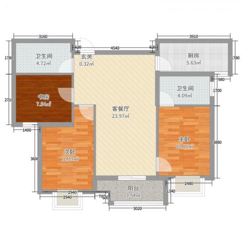 万科城·如园3室2厅2卫1厨102.00㎡户型图