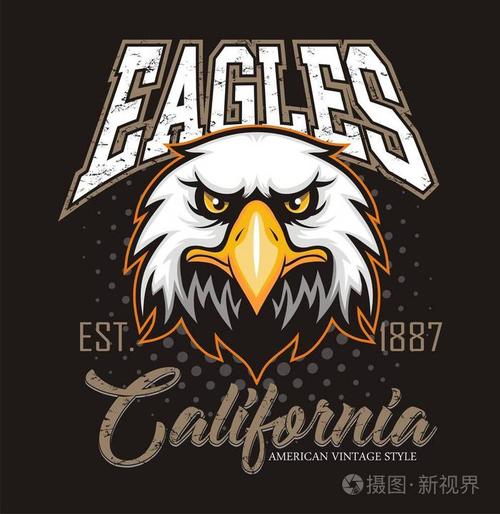 老鹰头标志为 t恤衫, 老鹰吉祥物体育穿戴排版徽章图, 运动服装邮票