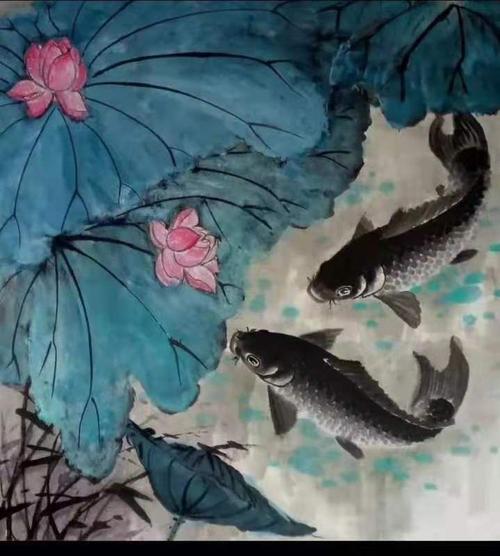 祝胜伟 和杜鹃戏莲图. 莲爱双鱼嬉水声,穿流弄浪竞逐行.