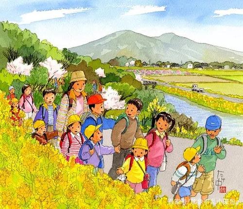 日本画家竹中俊裕水彩插画作品赏析 秋游的天真小朋友