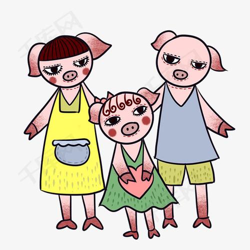 手绘矢量卡通可爱猪年三只小猪形象一家三口