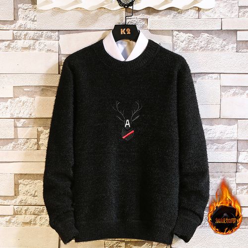 购客刺绣雪貂针织衫 雪尼尔圆领毛衣男装 罗蒙迪顿冬季新款 加绒加厚