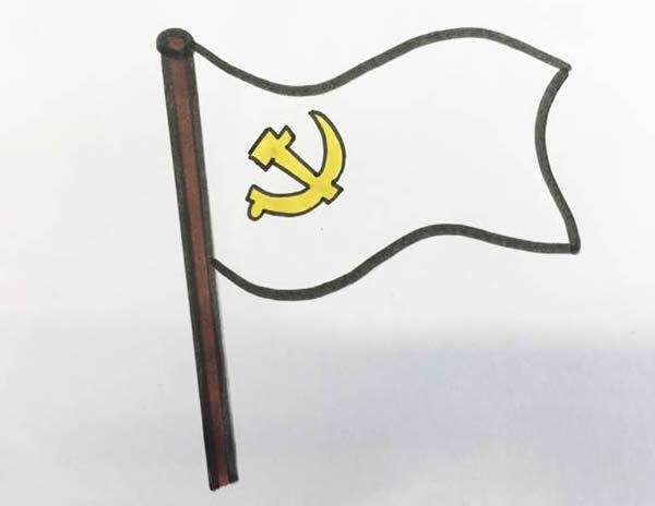 步骤四:将整根旗杆用棕色涂上后,将党徽涂上黄颜色.