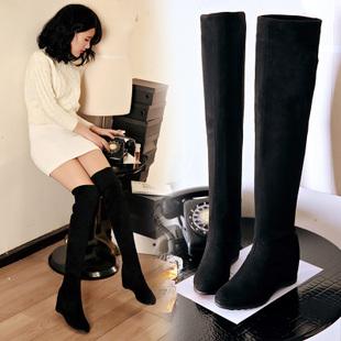 长筒靴女绒面韩休闲磨砂坡跟过膝靴子秋冬弹力靴瘦腿靴内增高单靴