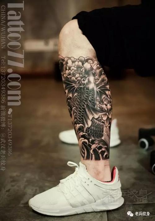 老兵店内作品欣赏——鲤鱼包小腿纹身