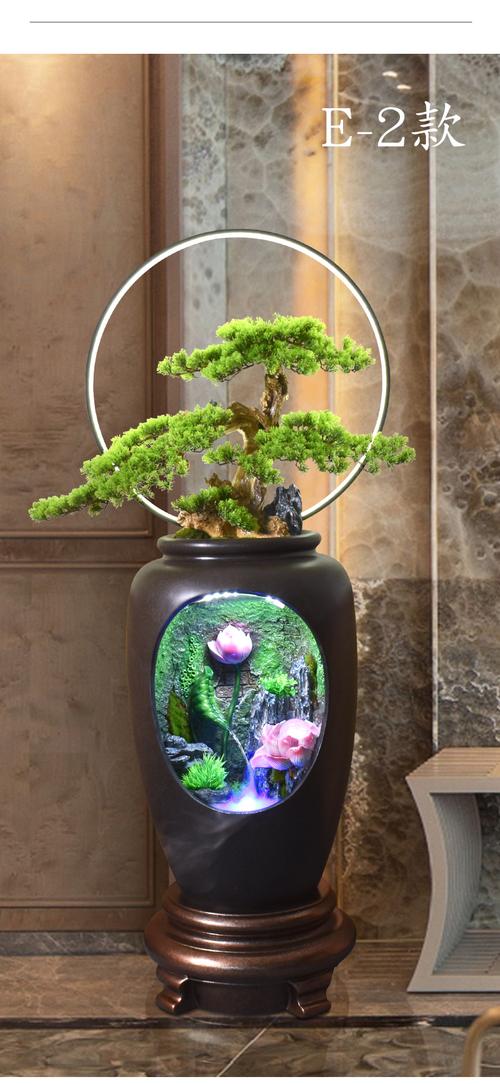 仿陶罐假山流水喷泉摆件落地仿真迎客松植物盆景微景观中式装饰品 d-2