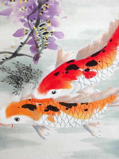 三尺中堂水墨写意紫藤鲤鱼客厅餐厅书房酒店礼品包邮 手绘真迹国画