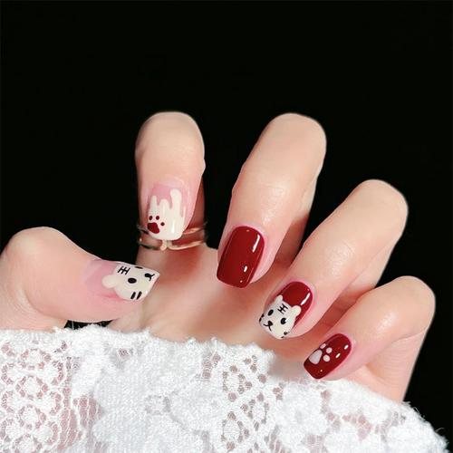 美甲成品红色_虎年专属小老虎红色短款个性假指甲穿戴美甲穿戴式网红