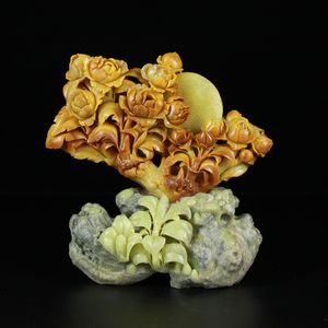 石君斋 青田石雕精品摆件 封门黄金耀花好月圆牡丹花手工雕件 花