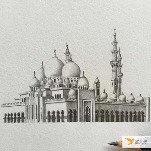 感受清真寺的庄严华丽非常细腻的建筑铅笔素描